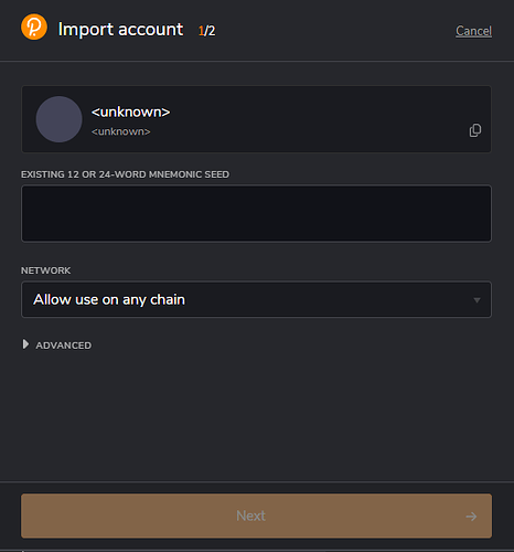 Polkadot JS Extension - Importing via Secret Seed